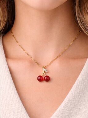 Cherry Pendant Necklace 18K Gold Over Stainless Steel NWT Hypoallergenic